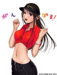  breasts brown_eyes brown_hair front-tie_top hat long_hair medium_breasts midriff open_mouth original ryu_(ryu's_former_site) shirt smile solo visor_cap zipper 
