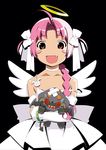  ahoge angel_wings bare_shoulders blush_stickers bow bracelet brown_eyes choker detached_sleeves dress fang hair_bow halo highres jewelry long_hair mugimaru nakahara_komugi nurse_witch_komugi-chan pink_hair smile solo strap_slip watanabe_akio wings 