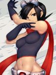  bare_shoulders belt black_hair breasts brown_eyes fumio_(rsqkr) gloves groin impossible_clothes impossible_shirt large_breasts may_lee midriff navel raised_eyebrow scarf shirt short_hair skin_tight solo spandex the_king_of_fighters tight 