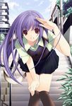  copyright_request day iizuki_tasuku leaning_forward long_hair pink_eyes purple_hair school_uniform sky socks solo stairs tail 