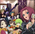  4girls :3 bad_id bad_pixiv_id black_hair blue_eyes blue_hair brown_hair c.c. chopsticks circlet closed_eyes code_geass corded_phone count_of_monte_cristo diethard_ried food gankutsuou green_hair hamburger hat holding_pizza jeremiah_gottwald kallen_stadtfeld karaoke lelouch_lamperouge long_hair madhatter_hello microphone multiple_boys multiple_girls order_of_the_black_knights_uniform party phone pizza purple_eyes red_hair rolo_lamperouge shinozaki_sayoko short_hair sumeragi_kaguya top_hat very_long_hair yellow_eyes zero_(code_geass) 