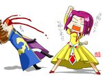  1girl :d belt blue_dress calypso closed_eyes code_geass dress gem kallen_stadtfeld kururugi_suzaku long_sleeves open_mouth punching purple_hair short_hair simple_background smile uniform white_background wince yellow_dress 