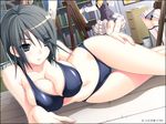  bikini black_hair breasts cleavage covered_nipples curvy eyes_visible_through_hair game_cg green_eyes hair_over_one_eye kirishima_sakura large_breasts lowres lying navel on_side pose sakura_sakura short_hair solo swimsuit watermark 