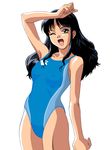  black_hair competition_swimsuit green_eyes highres long_hair non-web_source one-piece_swimsuit one_eye_closed open_mouth solo swimsuit third-party_edit yamada_masaki zenkoku_seifuku_bishoujo_grand_prix 