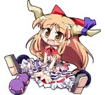  :d bad_id bad_pixiv_id blonde_hair bottle bow bowtie brown_eyes chain full_body hair_bow herada_mitsuru horn_ornament horns ibuki_suika long_hair low-tied_long_hair open_mouth red_bow red_neckwear simple_background sitting smile solo spread_legs touhou very_long_hair white_background 
