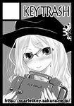  black_border border circle_cut copyright_request glasses greyscale hat hikagi_tatsuhiko key_trash monochrome solo 