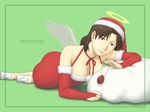  angel_wings bare_shoulders breasts brown_eyes brown_hair christmas cleavage dress elbow_gloves gloves haibane_renmei halo hat large_breasts long_hair nemu red_gloves sack santa_costume santa_hat solo wings yasunon 