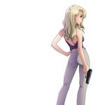  backless_outfit bare_back bare_shoulders blonde_hair blue_eyes from_behind gun hand_on_hip handgun long_hair looking_back mireille_bouquet noir pistol simple_background solo standing tadano_akira weapon 