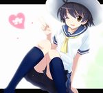  antenna_hair bad_id bad_pixiv_id bike_shorts black_eyes blue_sailor_collar brown_eyes hat idolmaster idolmaster_(classic) idolmaster_1 kikuchi_makoto komone_ushio one_eye_closed sailor_collar school_uniform serafuku short_hair skirt socks solo v 