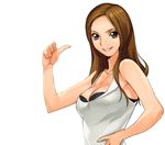  a1 bra breasts brown_hair cleavage copyright_request grey_eyes jewelry large_breasts lingerie long_hair necklace smile solo thumbs_up underwear 