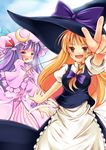  :o apron ascot bad_id bad_pixiv_id black_dress blonde_hair crescent dress hat ingrid kirisame_marisa looking_at_viewer mob_cap multiple_girls open_mouth outstretched_arm patchouli_knowledge purple_hair sidelocks touhou waist_apron witch_hat yako 