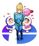  2girls blonde_hair blue_eyes blush bodysuit highres ice_climber ice_climbers kirby kirby_(series) metroid multiple_girls nana_(ice_climber) oyatsu_(mk2) ponytail popo_(ice_climber) samus_aran skin_tight super_smash_bros. zero_suit 