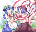  bad_id bad_pixiv_id blue_hair blush food fruit hat hinanawi_tenshi konata_gazel long_hair multiple_girls nagae_iku peach purple_hair ribbon short_hair touhou 