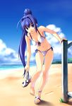  beach bikini blue_eyes blue_hair breasts cleavage day hayase_mitsuki high_heels highres holding holding_shoes kimi_ga_nozomu_eien long_hair medium_breasts midriff navel norizou_type-r ponytail sandals shoes side-tie_bikini single_shoe smile solo swimsuit 