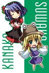  blonde_hair brooch brown_eyes character_name chibi crossed_arms dress gem hair_ornament hat head_tilt jewelry leaf_hair_ornament long_sleeves looking_at_viewer moriya_suwako multiple_girls purple_hair red_dress short_hair sweater tokiniwa touhou vest yasaka_kanako 