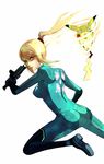  ass bad_id bad_pixiv_id blonde_hair blue_eyes bodysuit gen_1_pokemon metroid pikachu pokemon pokemon_(creature) ponytail samus_aran simple_background skin_tight souya_touki super_smash_bros. white_background zero_suit 