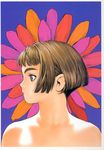  blue_eyes bob_cut brown_hair face flower highres murata_renji portrait short_hair solo 