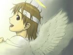  angel_wings brown_eyes brown_hair haibane_renmei halo looking_back messy_hair rakka short_hair smile solo static_cling wings yasunon 