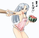  artist_request asakura_ryouko blue_eyes blue_hair breasts casual_one-piece_swimsuit food fruit holding holding_food holding_fruit one-piece_swimsuit sideboob small_breasts solo suikawari suzumiya_haruhi_no_yuuutsu swimsuit translated watermelon 