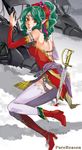  blood boots circlet curly_hair final_fantasy final_fantasy_vi green_hair jewelry mecha pointy_ears ponytail red_eyes ribbon shinogu snow solo sword thighhighs tina_branford weapon white_legwear 