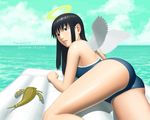  angel_wings ass bare_shoulders black_eyes black_hair cloud day haibane_renmei halo long_hair looking_back ocean one-piece_swimsuit outdoors raft reki school_swimsuit sky solo swimsuit wings yasunon 