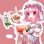  dual_wielding food fruit hat hiraga_matsuri holding holding_food holding_fruit katana konpaku_youmu multiple_girls pink_hair saigyouji_yuyuko short_hair silver_hair slashing sword touhou watermelon weapon 