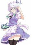  bad_id bad_pixiv_id between_fingers braid hyakuen_raitaa izayoi_sakuya knife maid ribbon short_hair silver_hair socks solo thighhighs touhou tray twin_braids 