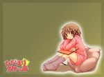  artist_request blush brown_eyes brown_hair crossed_arms green_background hair_ornament hidamari_sketch knees_up long_sleeves looking_at_viewer pillow short_hair simple_background solo thighs wallpaper x_hair_ornament yuno 