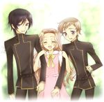  2boys :d ^_^ ashford_academy_uniform black_hair blush brother_and_sister brown_hair closed_eyes code_geass holding_arm lelouch_lamperouge mizunomoto multiple_boys nunnally_lamperouge open_mouth purple_eyes rolo_lamperouge school_uniform short_hair siblings smile teeth 