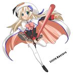  baseball_bat bat beret blonde_hair blue_eyes bow cape fang hair_ornament hairclip hat leg_lift little_busters! long_hair maro_nie noumi_kudryavka pink_bow plaid plaid_skirt pointing school_uniform skirt solo thighhighs white_legwear wind wind_lift zettai_ryouiki 