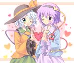  bow green_eyes hairband hat heart heart_hands heart_hands_duo komeiji_koishi komeiji_satori multiple_girls oimo purple_eyes purple_hair ribbon short_hair siblings silver_hair sisters third_eye touhou yellow_bow 