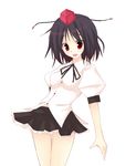  black_hair hat looking_at_viewer open_mouth ribbon rikudou_inuhiko shameimaru_aya short_hair skirt smile solo touhou 