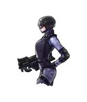  advance_wars armor breasts bulletproof_vest bullpup elbow_pads gloves goggles gun helmet highres hiroaki_(kof) medium_breasts military military_uniform official_art p90 soldier solo submachine_gun uniform weapon 