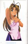  ;) absurdres antenna_hair armpits artist_request brown_eyes brown_hair camisole engrish grin highres long_hair looking_at_viewer love_hina narusegawa_naru one_eye_closed page_number ranguage scan shirt_tan smile solo tan tanline white_background 