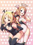  &gt;:) angel angel_and_devil bad_id bad_pixiv_id bat_wings blonde_hair blue_eyes breasts bridal_gauntlets brown_eyes brown_hair cleavage cleavage_cutout covered_navel demon_girl demon_wings elbow_gloves fake_halo finger_to_mouth gloves halo head_wings heart heart_cutout horns koflif large_breasts multiple_girls onanie_master_kurosawa open_mouth smile sugawa_maiko takigawa_magister thigh_cutout thighhighs v-shaped_eyebrows wings 