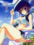  absurdres alternate_breast_size bikini bikini_under_clothes blue_eyes blush breasts chair cleavage cloud crossed_legs day front-tie_top hat highres large_breasts lizard lounge_chair nagato_yuki nanao_naru purple_hair short_hair side-tie_bikini sitting solo suzumiya_haruhi_no_yuuutsu swimsuit swimsuit_under_clothes 