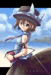  adapted_costume akakage_red bare_shoulders beach black_skirt brown_eyes brown_hair day fedora hat horizon looking_at_viewer outdoors sand skirt solo standing touhou usami_renko water 