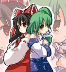  bangs eruichi_(redphantom) hakurei_reimu highres kochiya_sanae multiple_girls side_ponytail touhou zoom_layer 