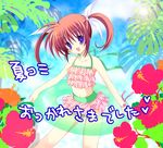  :d bikini bracelet brown_hair day flower frilled_bikini frills hair_ribbon hibiscus innertube jewelry lowres lyrical_nanoha mahou_shoujo_lyrical_nanoha open_mouth pink_bikini polka_dot polka_dot_bikini polka_dot_swimsuit purple_eyes ribbon shirogane_hina smile solo swimsuit takamachi_nanoha tankini twintails white_ribbon 