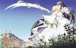  absurdres belle_(katahane) black_hair blonde_hair blush building castle christina_dorn closed_eyes day dress fue_(tsuzuku) gown grass green_eyes highres katahane leaf legs long_hair multiple_girls official_art outdoors scarf scenery short_hair skirt sky standing very_long_hair white_dress wings 