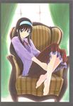  barefoot black_hair blue_eyes crossed_legs feet highres knees_up leg_hug long_hair scan shirotsumekusa sitting smile solo toono_akiha tsukihime 