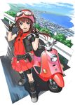  bad_id bad_pixiv_id blue_eyes brown_hair cityscape fingerless_gloves gloves ground_vehicle helmet kurogin long_hair motor_vehicle original scooter solo 