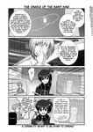  &gt;_&lt; 1girl 2boys adjusting_eyewear bookshelf chrono_harlaown clenched_hand closed_eyes comic facial_mark ferret forehead_mark glasses gloves greyscale hard_translated lindy_harlaown lyrical_nanoha mahou_shoujo_lyrical_nanoha_strikers mikage_takashi military military_uniform monochrome moon mother_and_son multiple_boys o_o orbit planet translated tsab_naval_military_uniform uniform yuuno_scrya 