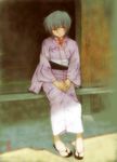  ayanami_rei blue_hair feet highres japanese_clothes kimono kobayashi_yuuji neon_genesis_evangelion pinwheel red_eyes sandals short_hair solo toes yukata 