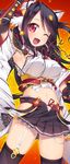  ;d animal_ears arm_up armpits bell black_hair black_legwear breasts cat_ears detached_sleeves garter_straps hair_bell hair_ornament kashiwamochi_yomogi large_breasts long_hair one_eye_closed open_mouth red_eyes sengoku_collection skirt smile solo takatora_todo_(sengoku_collection) thighhighs 