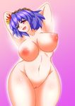  1girl armpits arms_behind_head arms_up asakura(pixiv116244) breasts curvy female hair_ornament hands_behind_head head_tilt highres huge_breasts navel nipples nude open_mouth puffy_nipples purple_hair pussy red_eyes short_hair simple_background solo standing thighs touhou yasaka_kanako 