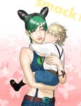  1girl black_hair blonde_hair braid child dio_brando double_bun green_eyes green_hair jojo_no_kimyou_na_bouken kiss kuujou_jolyne midriff miruru_souya multicolored_hair shorts suspenders time_paradox two-tone_hair younger 