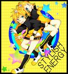  1boy 1girl aqua_eyes bad_id bad_pixiv_id blonde_hair brother_and_sister hair_ornament hairclip headset highres jacket kagamine_len kagamine_rin looking_at_viewer open_mouth project_diva_(series) project_diva_f short_hair siblings smile socks stylish_energy_(module) twins vocaloid 