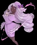  1girl ascot ayaka_488 black_background dark-skinned_female dark_skin dress frilled_ascot frills gloves hair_ornament highres holding holding_poke_ball jacinthe_(pokemon) jewelry juliet_sleeves long_hair long_sleeves looking_at_viewer low_drills luxury_ball mega_stone open_mouth poke_ball pokemon pokemon_legends:_z-a puffy_sleeves purple_dress purple_eyes purple_hair solo 