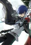  1boy armband belt black_gloves black_pants black_ribbon blue_eyes blue_hair bluesky_username closed_mouth cowboy_shot digital_media_player digital_walkman dress_shirt earphones earphones_removed evoker floating_clothes full_moon gekkoukan_high_school_uniform glint gloves grey_belt hair_over_one_eye highres holding holding_sword holding_weapon lee999nine long_sleeves looking_at_viewer male_focus moon pants persona persona_3 persona_3_reload red_armband ribbon s.e.e.s school_uniform shirt short_hair solo sword twitter_username walkman_nw-s203f weapon weibo_username white_shirt yuuki_makoto_(persona_3) 